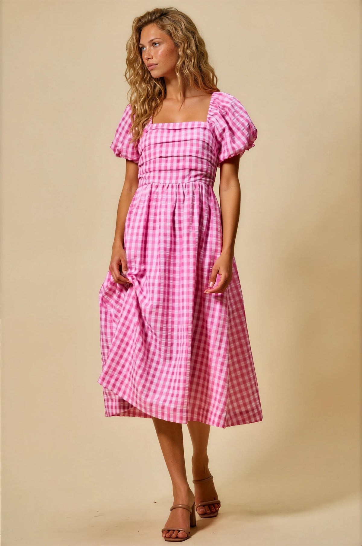 pink gingham midi dress Cherish in XL Debuted for Ralph Lauren Midi length Size:XL/UK16/EU44/US12 brand_G. Hughes