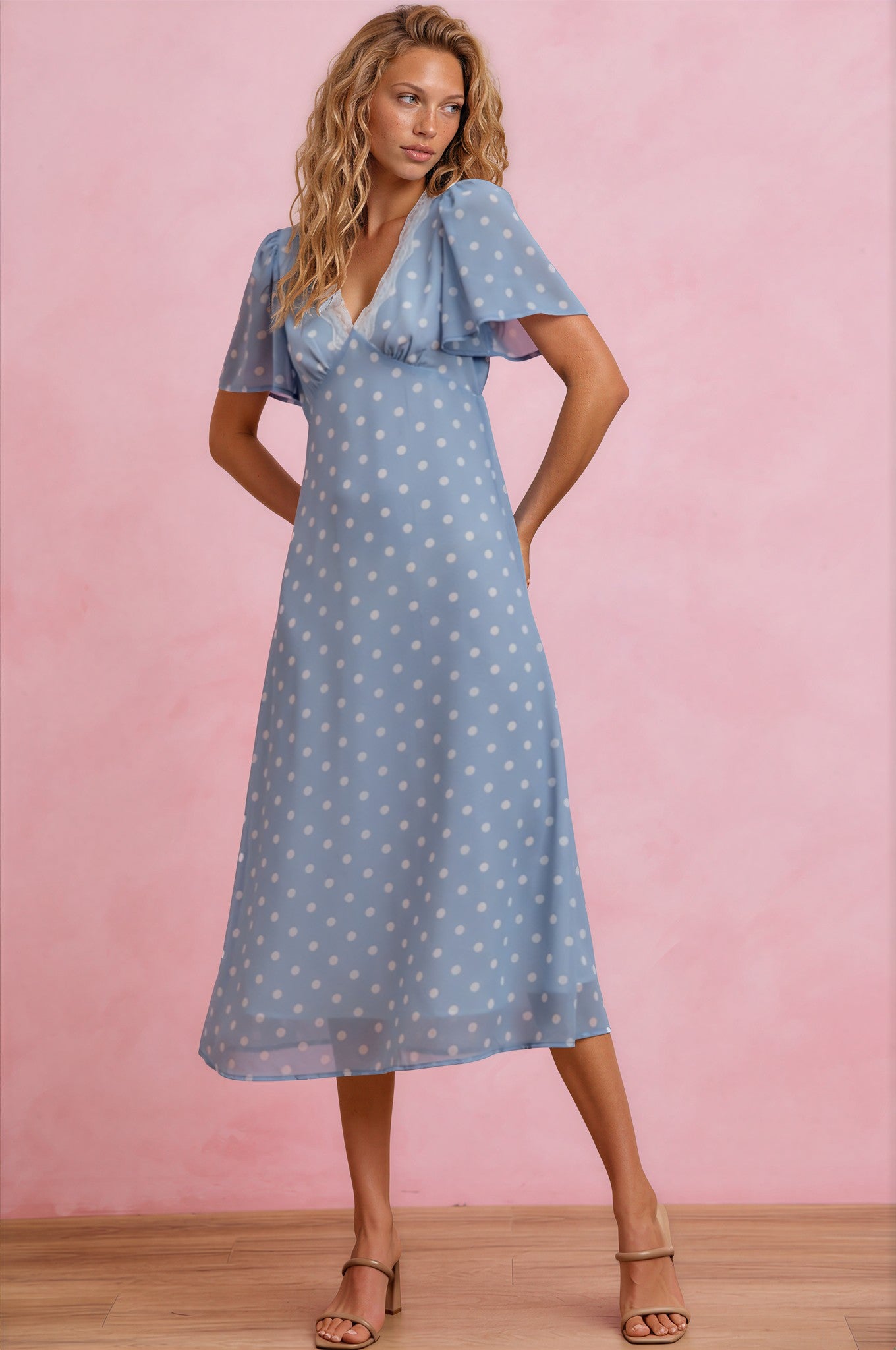 Chiffon Flutter Sleeve Polka Dot Midi M