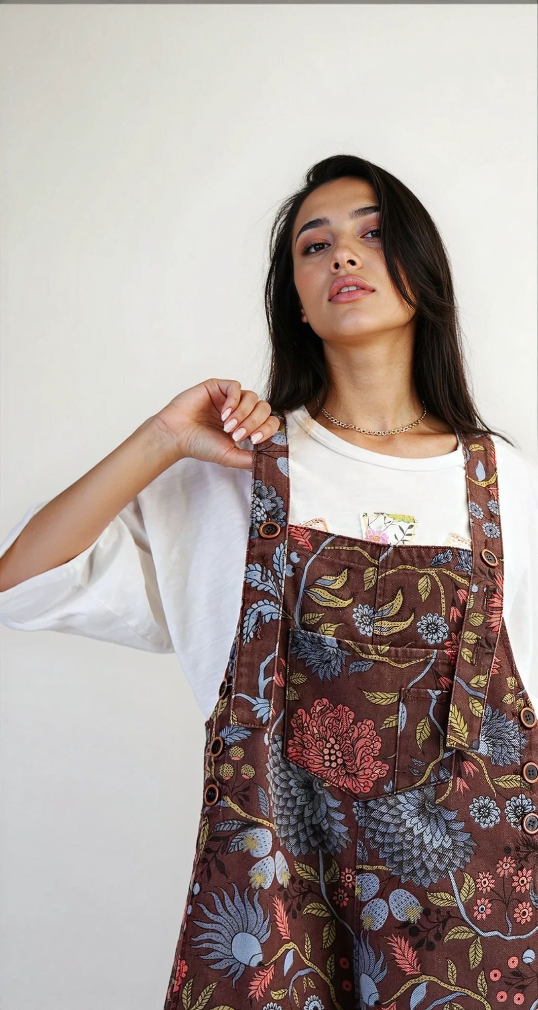Brown Floral Denim Overalls 