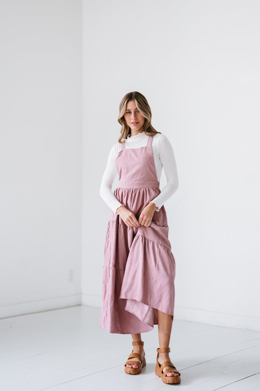 Shay Corduroy Overall Dress in Dusty Rose