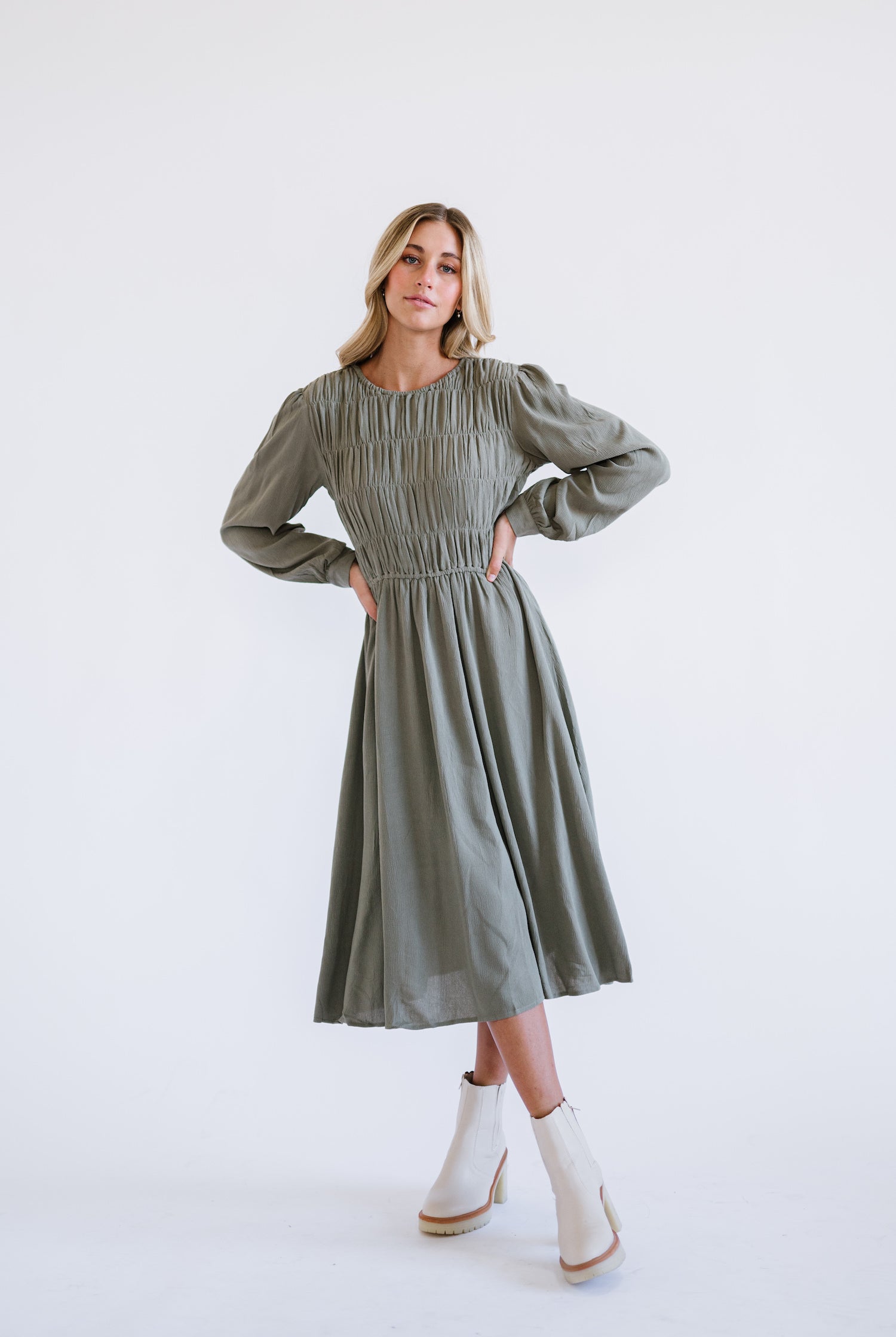 Olive long sleeved midi dress