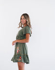 Olive green mini dress with short sleeves
