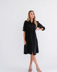 Black button up midi dress with quarter sleeves
