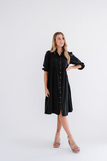 Black button up midi dress with quarter sleeves