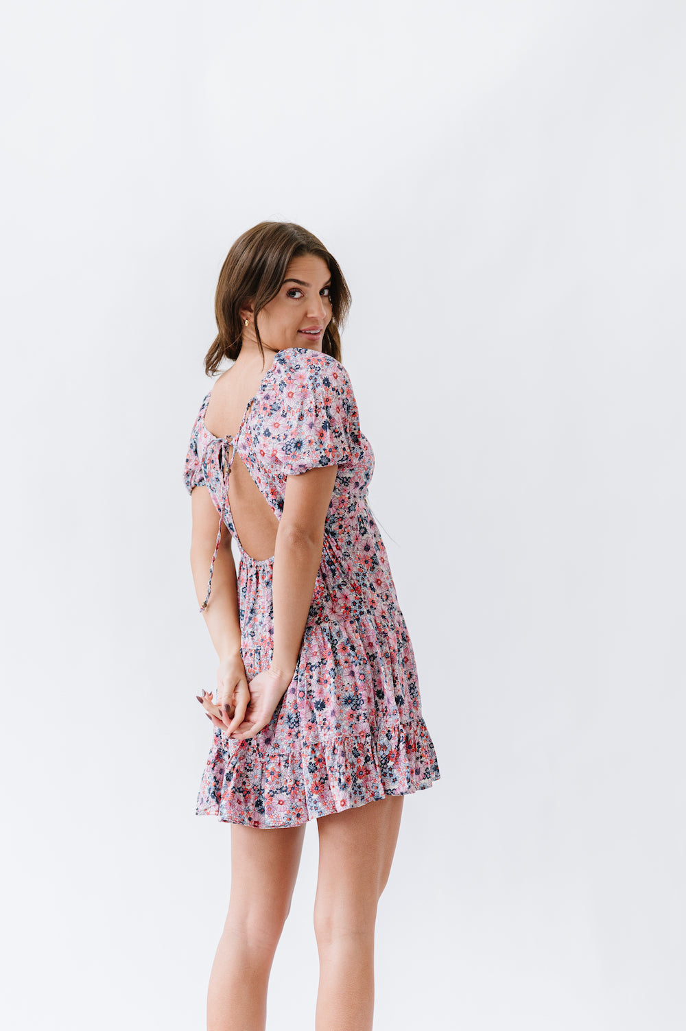 Floral mini dress with open back