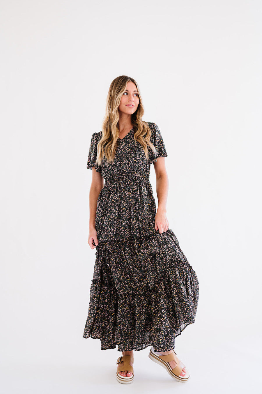Black maxi dress with detailed floral print 