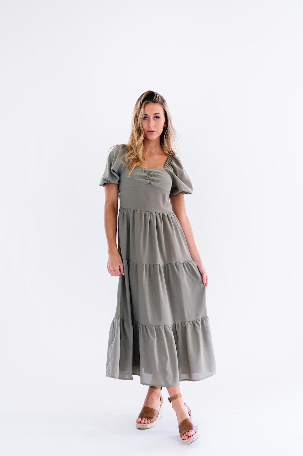 Midi dress with tiered skirt