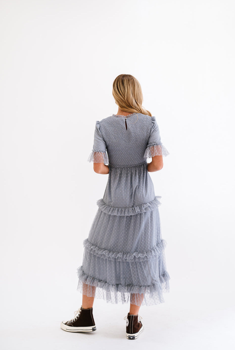 Dress with tulle details and swiss dot print