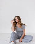 Jumpsuit with scoop neck and short sleeves
