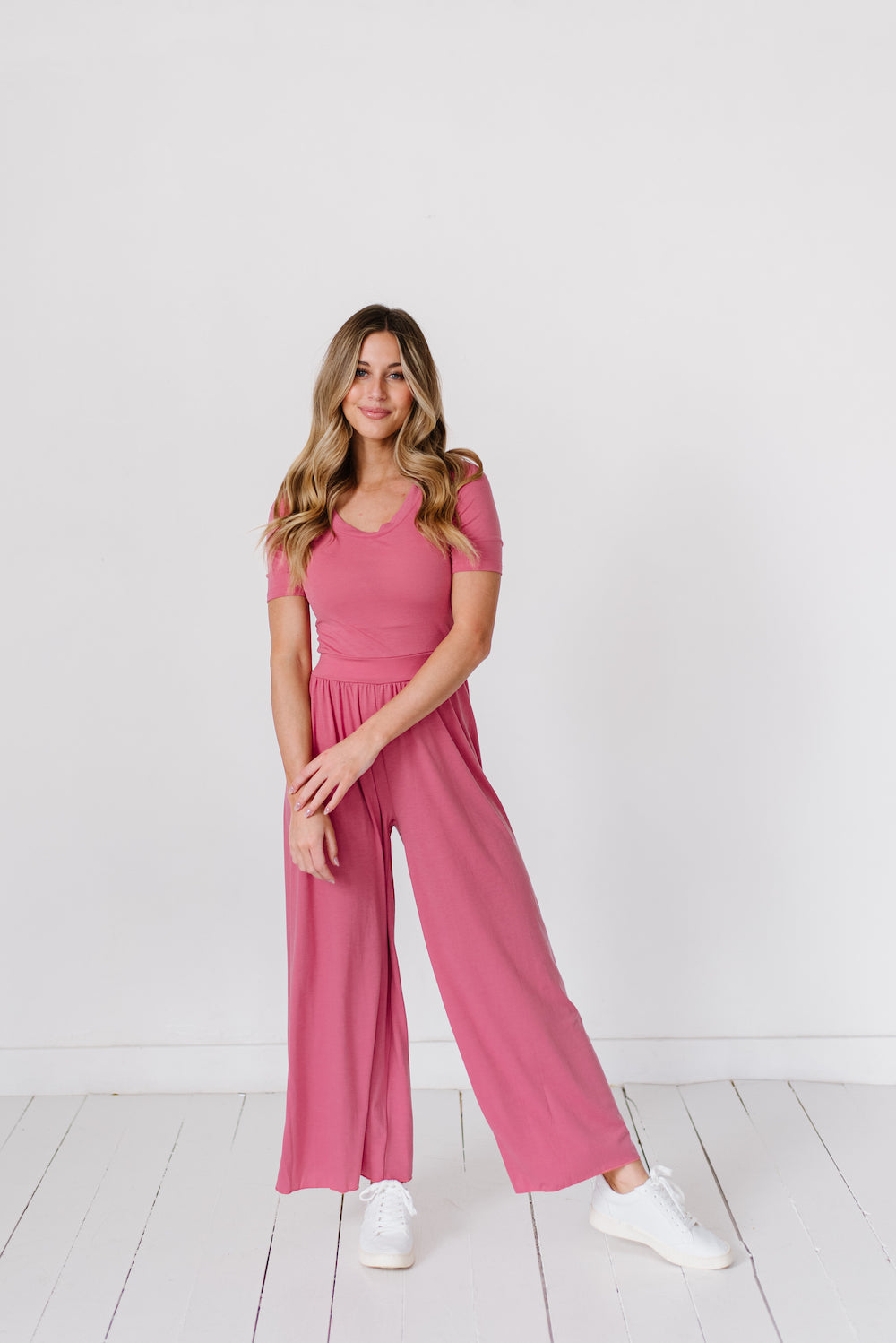 Pink jumpsuit with elastic waist