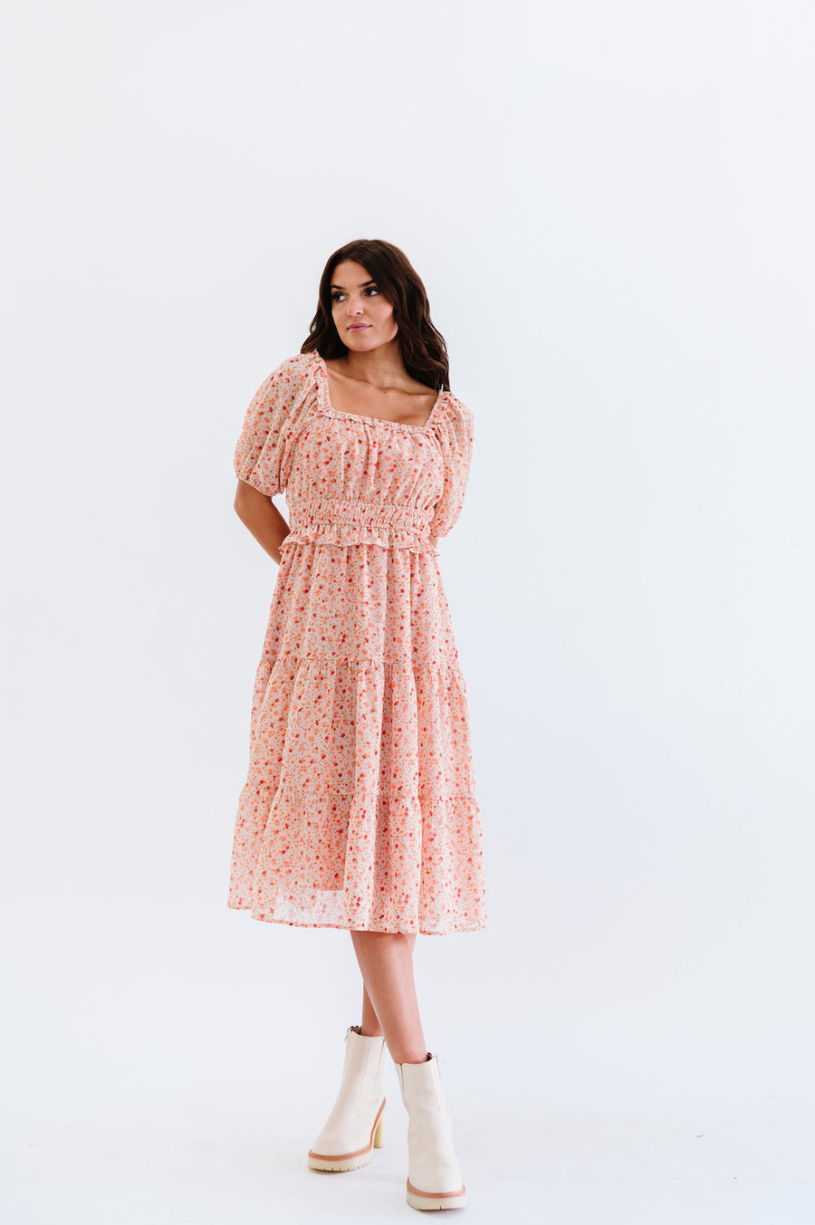 Pink floral midi dress with puff sleeves