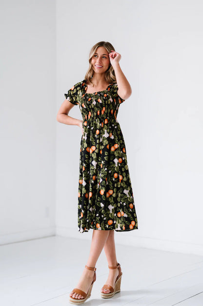 Black midi floral dress with puff sleeves
