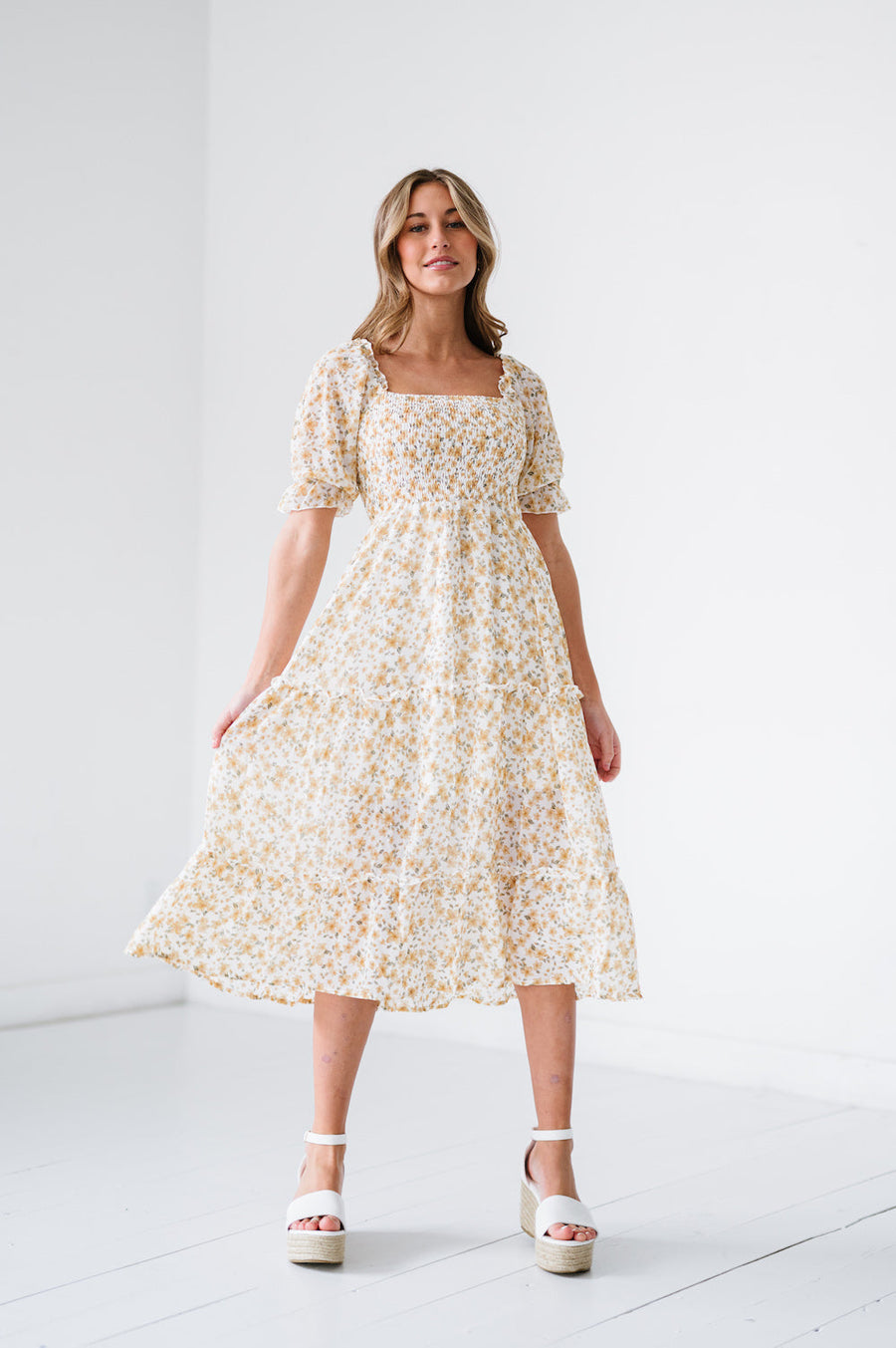 Yellow and white floral midi dress