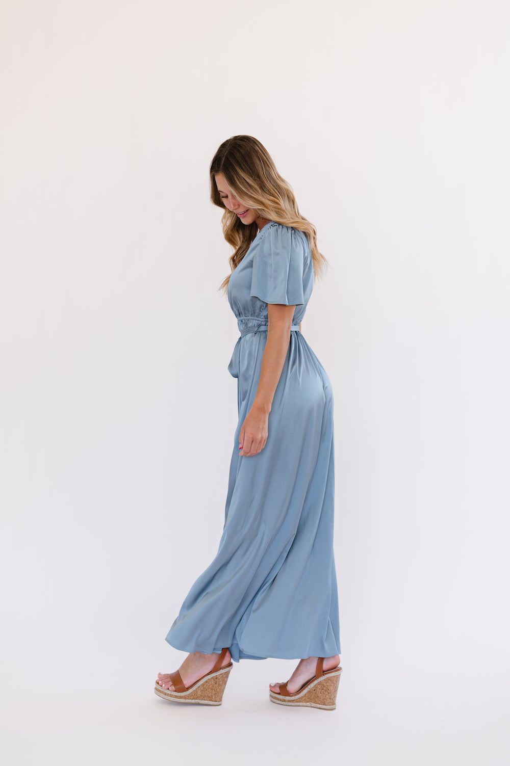 Dusty blue maxi dress with tie at waist