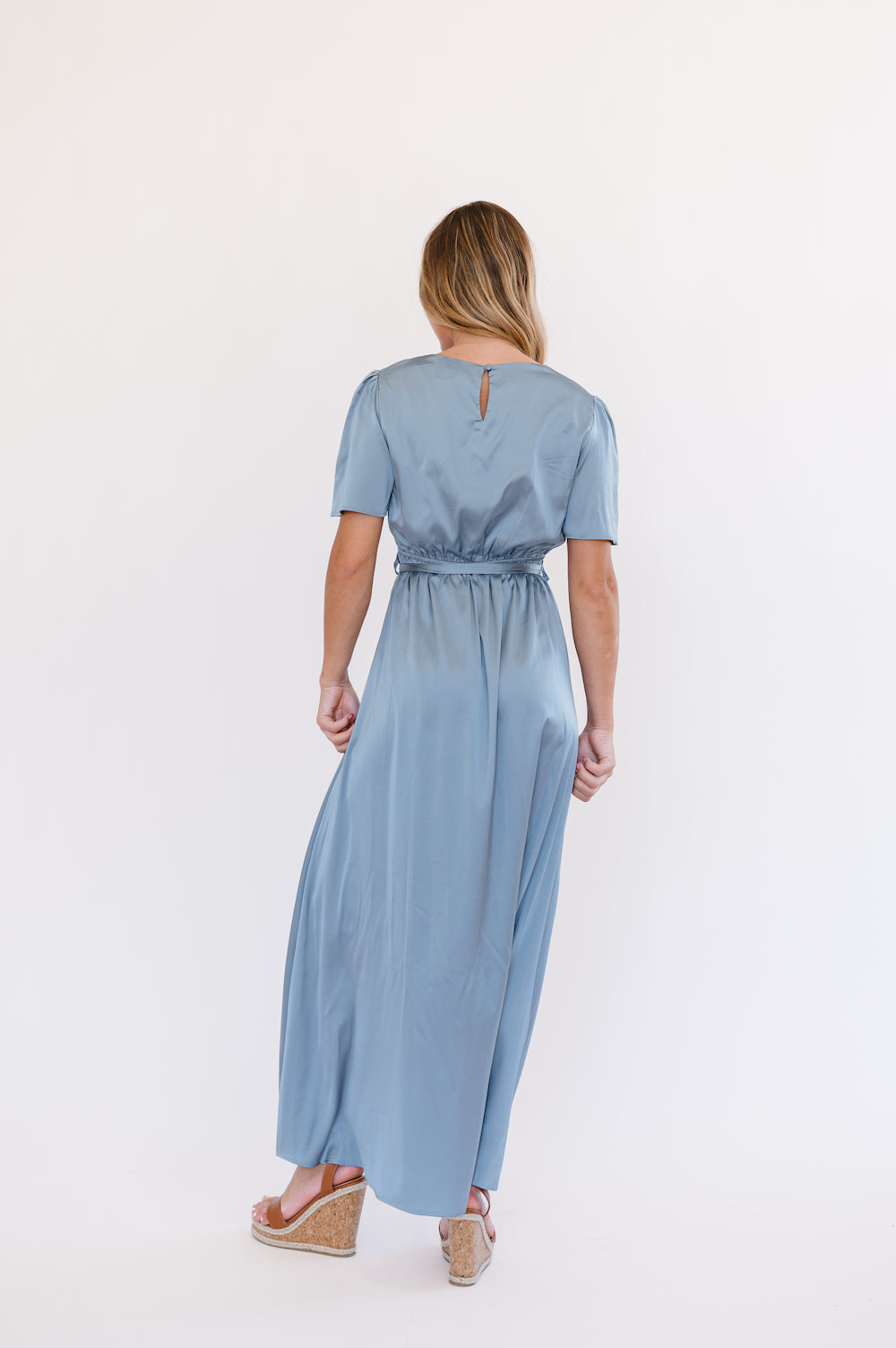 Dusty blue satin finish dress with flutter sleeves