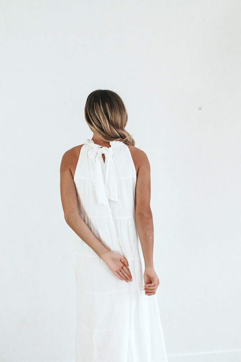 White maxi dress with mock neck