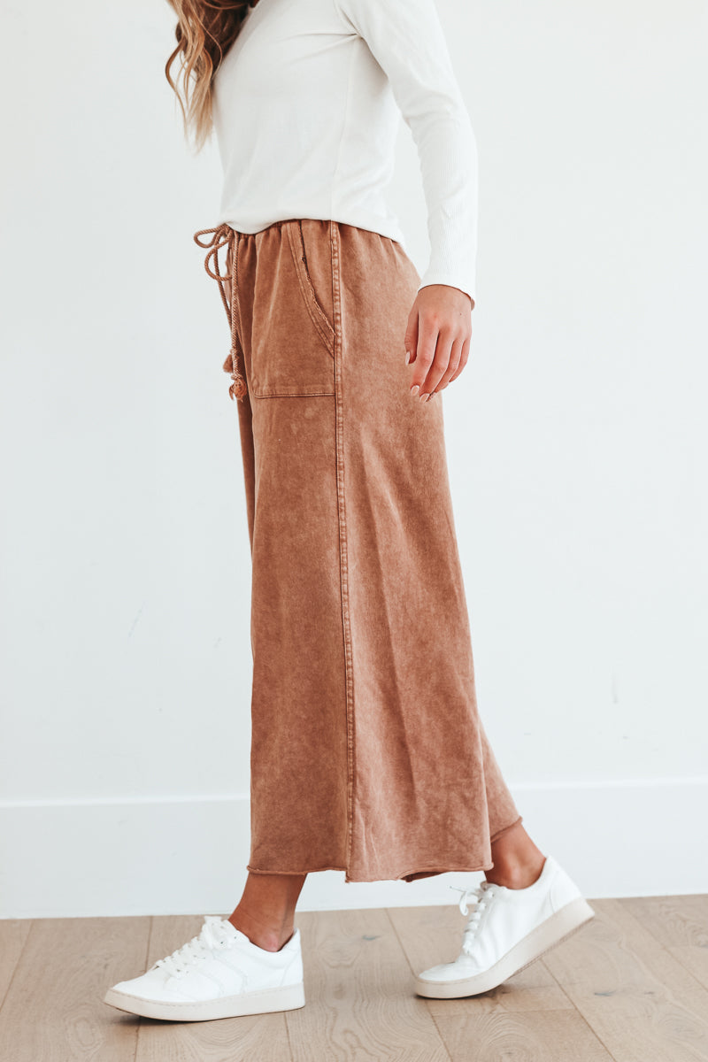 Brown wide leg pants with drawstring waist