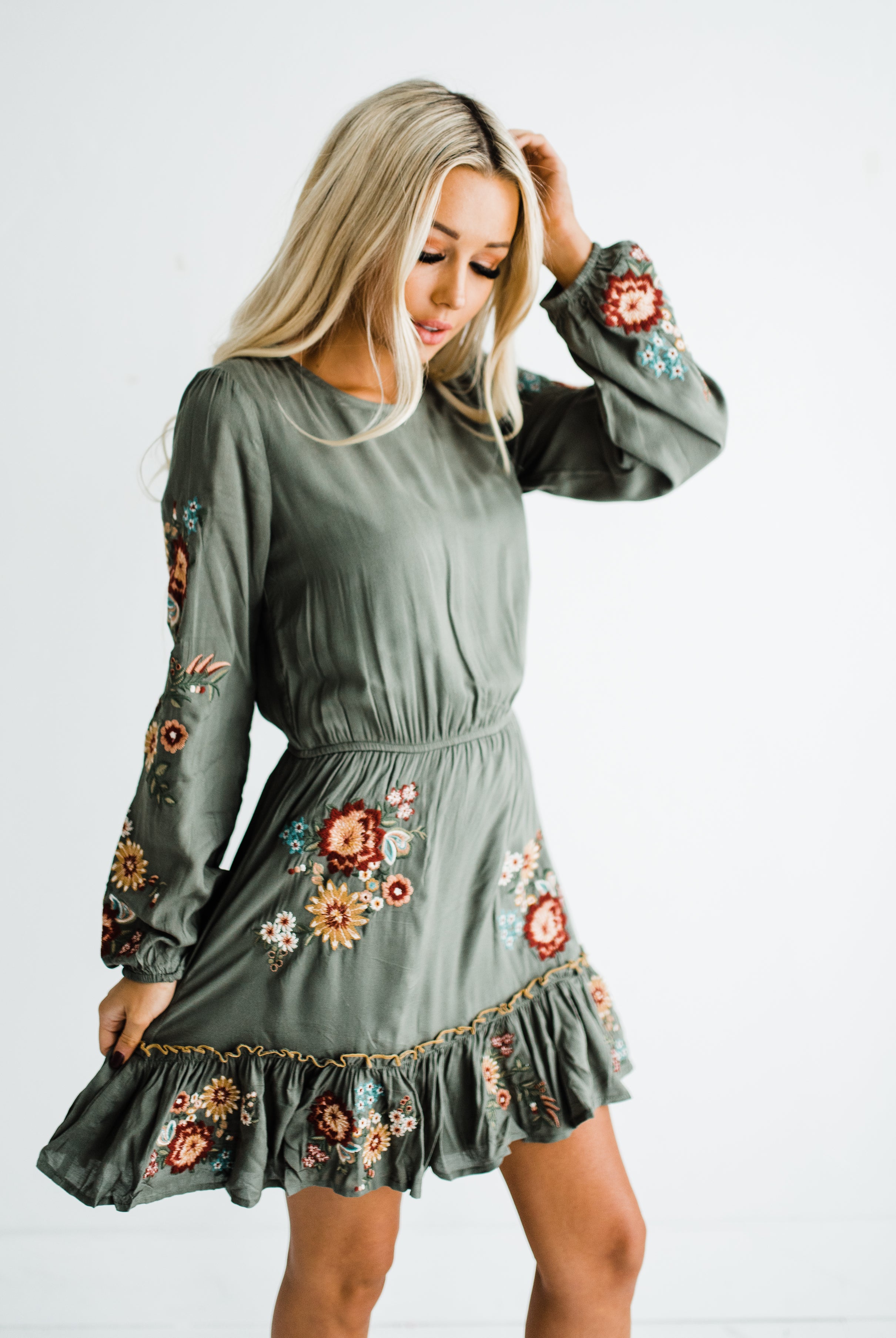 Olive green mini dress with long sleeves